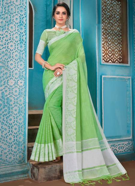 Pista Green Colour ASHIKA HAKOBA Stylish Festive Wear Fancy Cotton Linen With Resham Border Designer Saree Collection H 02